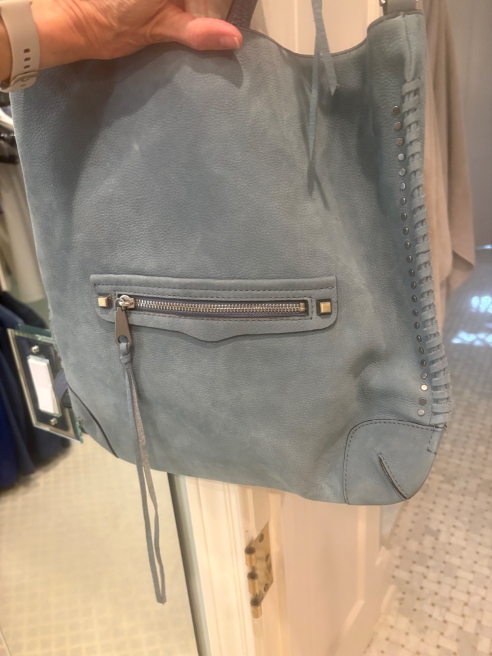 Rebecca Minkoff Blue Nubuck Leather Hobo Bag Studded Whipstitch new, never used - Picture 2 of 10